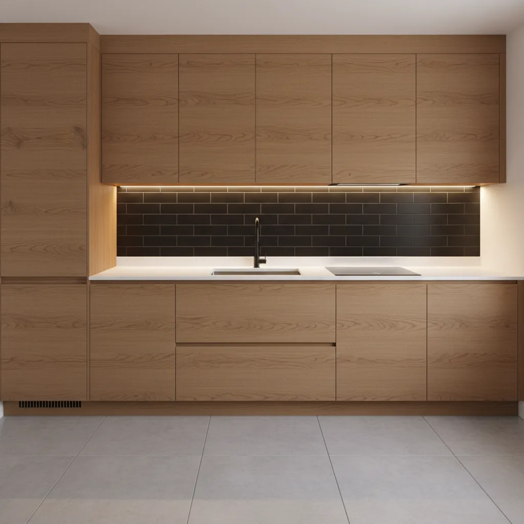 Kitchen with medium oak cabinets and matte black backsplash