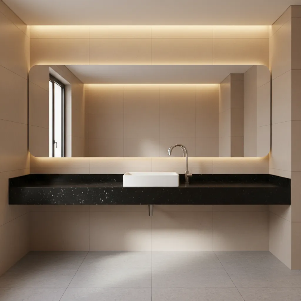 Black bathroom vanity countertop reflecting soft ambient lighting