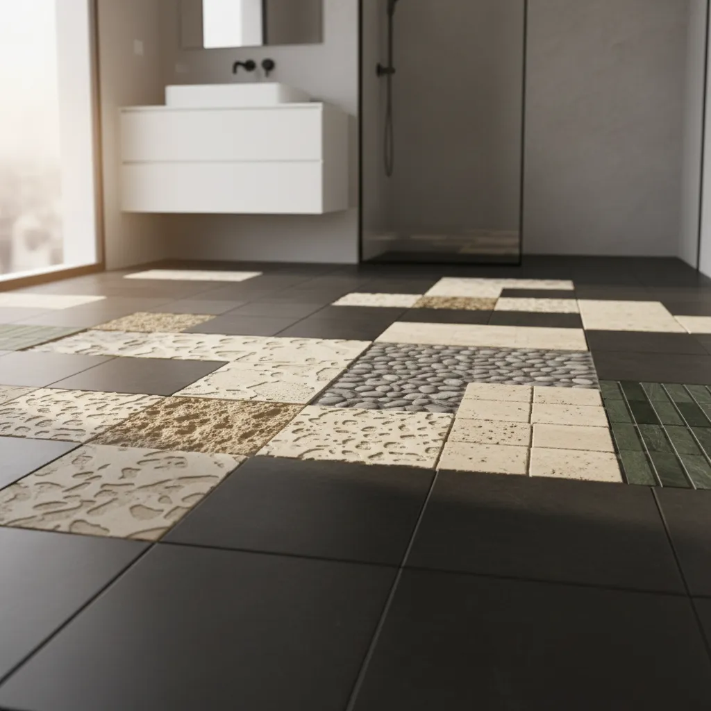 bathroom floor sample comparison showing matte black tile textures