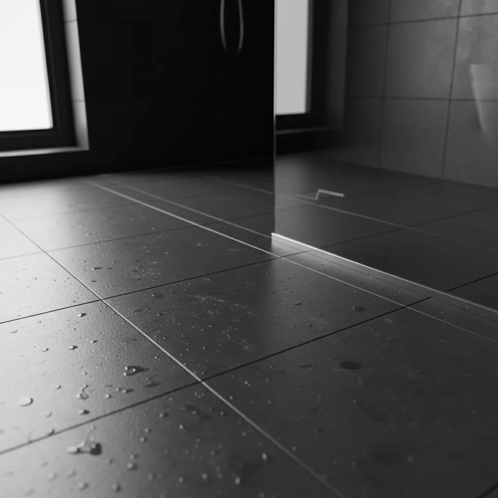 Black tile bathroom floor showing visible water spots near a shower