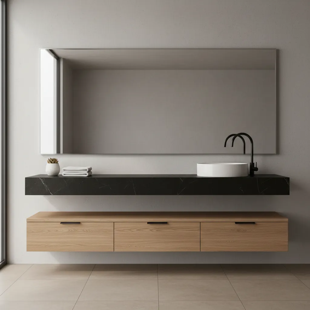 Modern bathroom vanity with black countertop and white sink