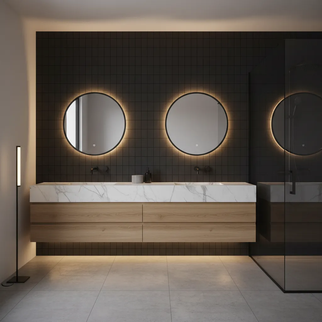 Bathroom combining black decor with wood vanity and marble