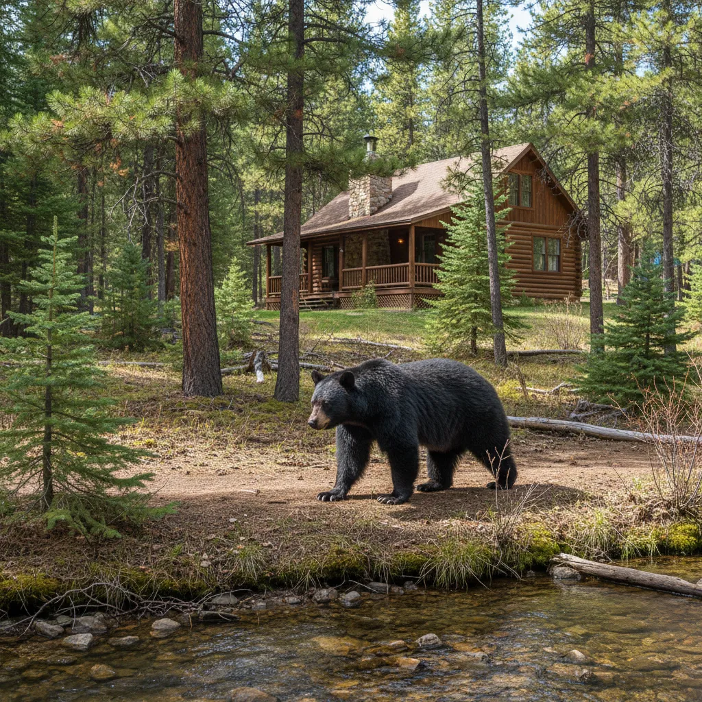 Black bear walking through a forest near a small stream with a wooden log cabin