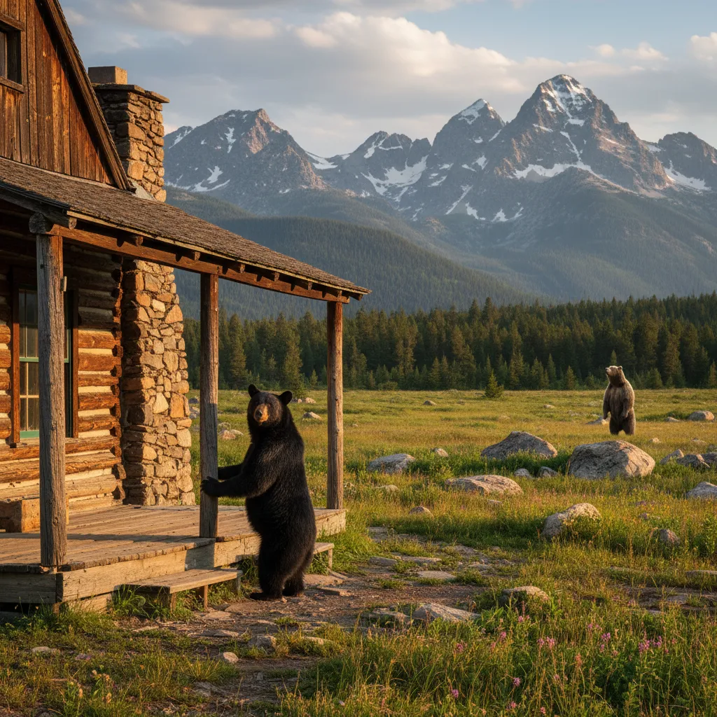 Black bear standing on a wooden porch of a log cabin with mountains in the back