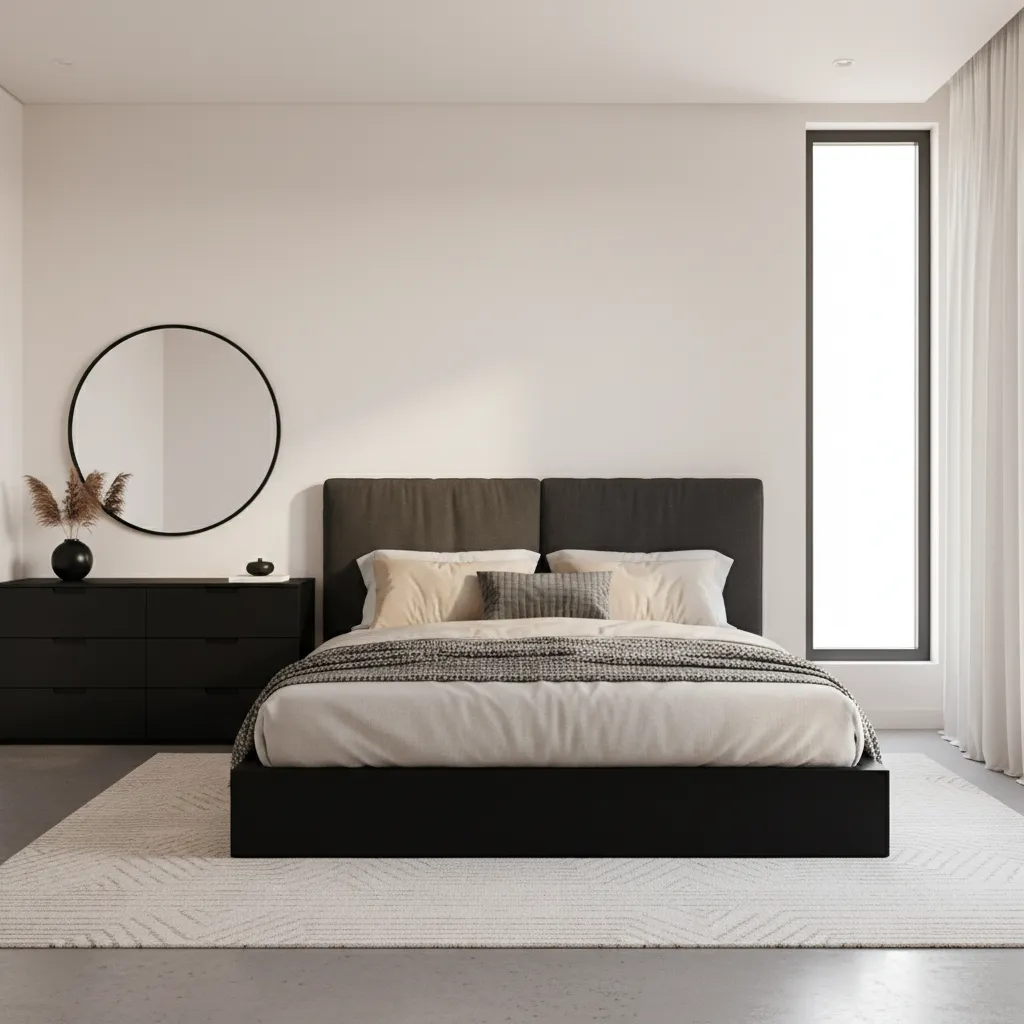 Black bedroom furniture contrasted with warm white walls and neutral decor