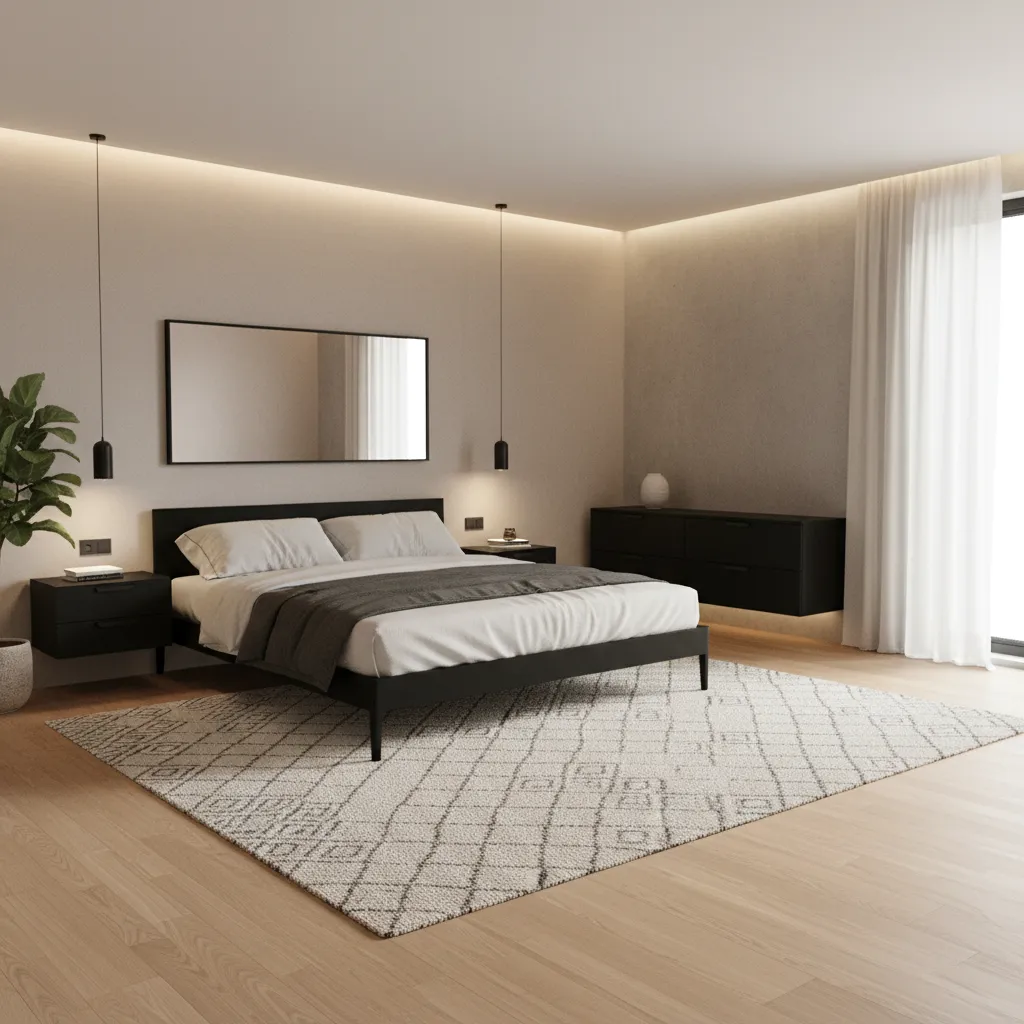 Modern bedroom layout with black furniture and balanced spacing