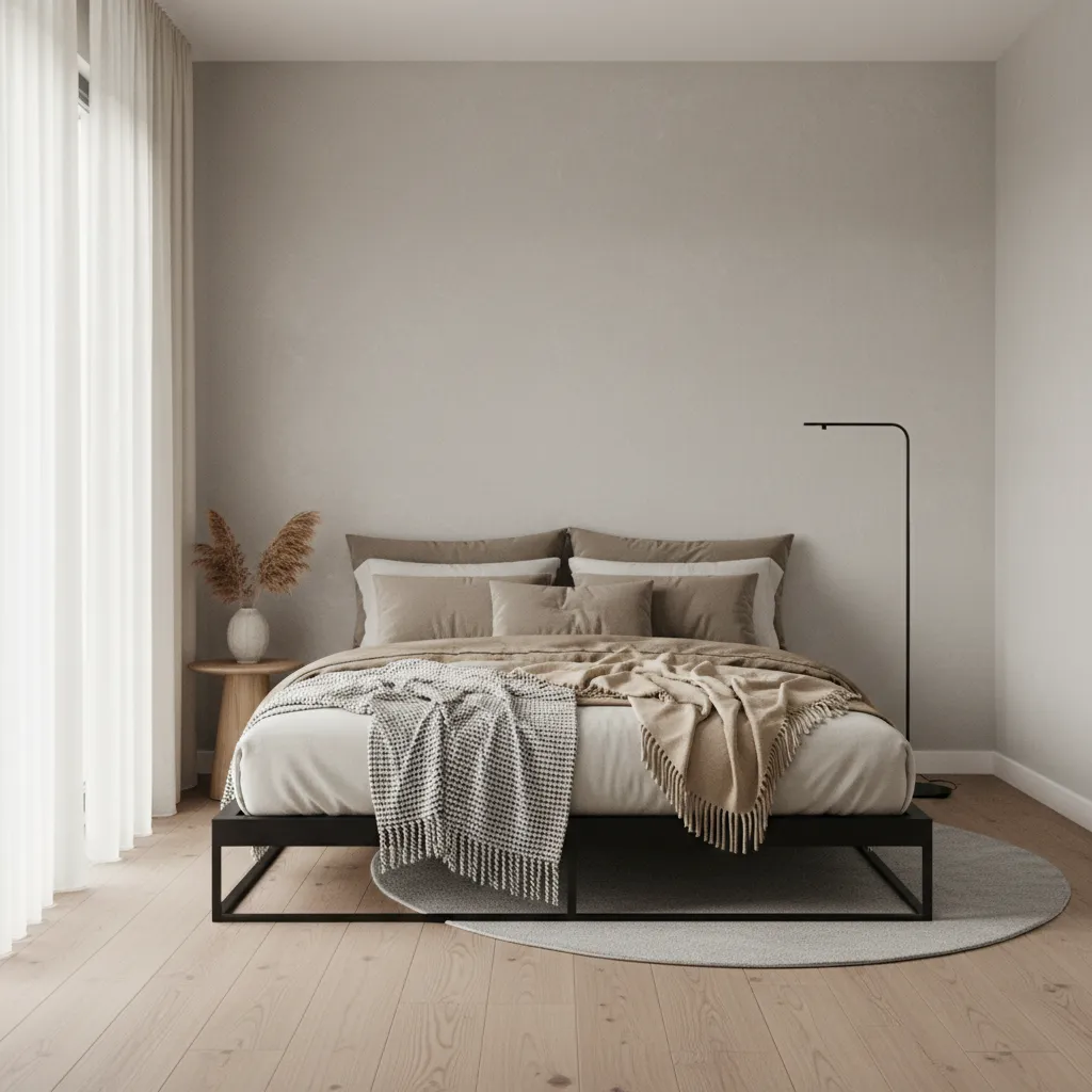 Black bed frame paired with soft layered bedding and linen curtains
