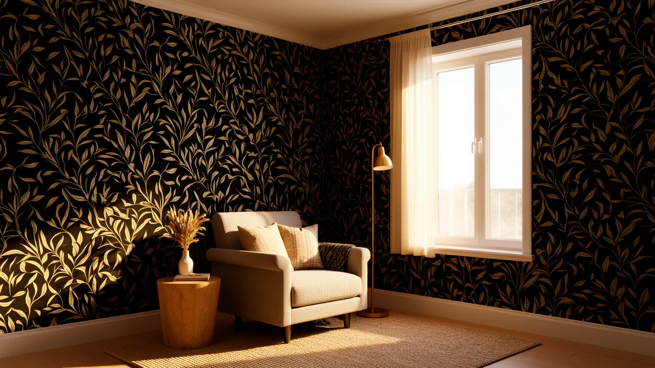 Black botanical wallpaper in a stylish small reading nook