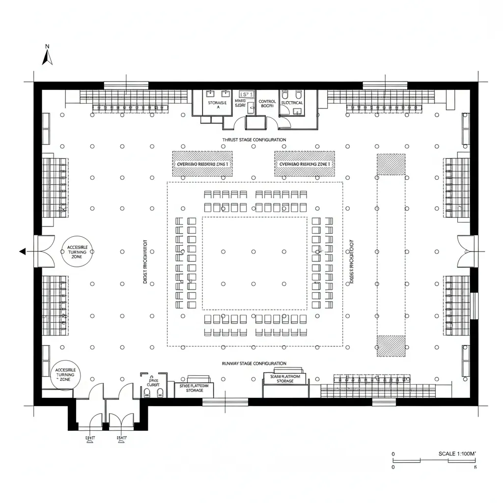 Top-down CAD of a convertible black box with movable bleachers and modular platforms