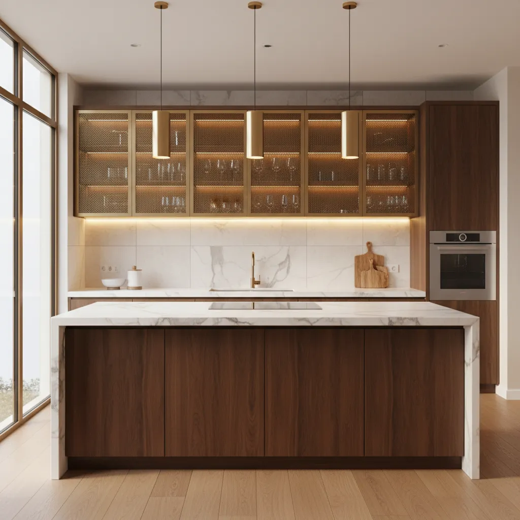 modern kitchen cabinets with brushed brass metal mesh inserts