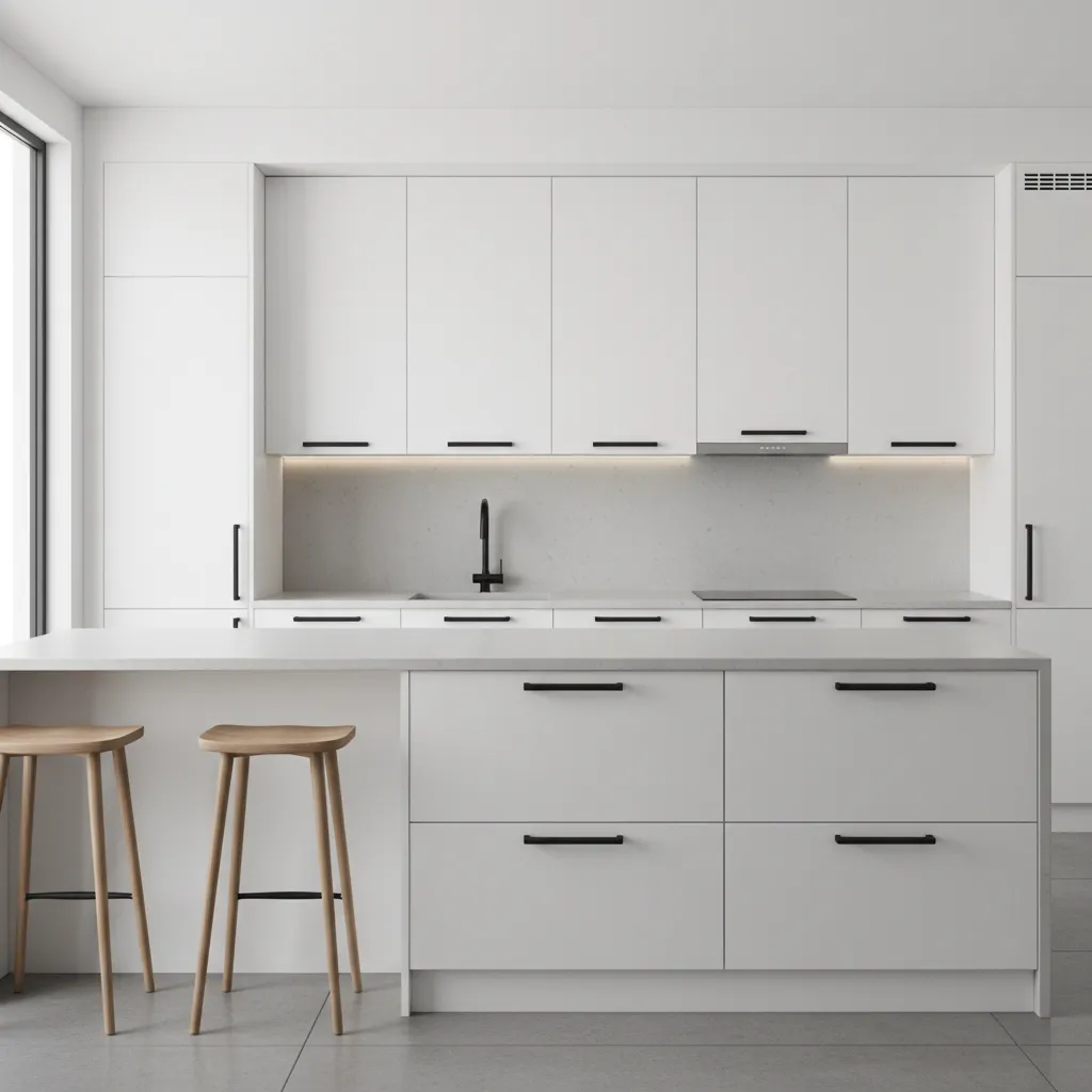 White kitchen with wooden stools and black handles on cabinets and drawers near white sink
