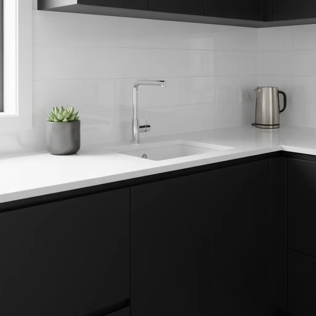 black kitchen cabinets paired with white quartz countertops