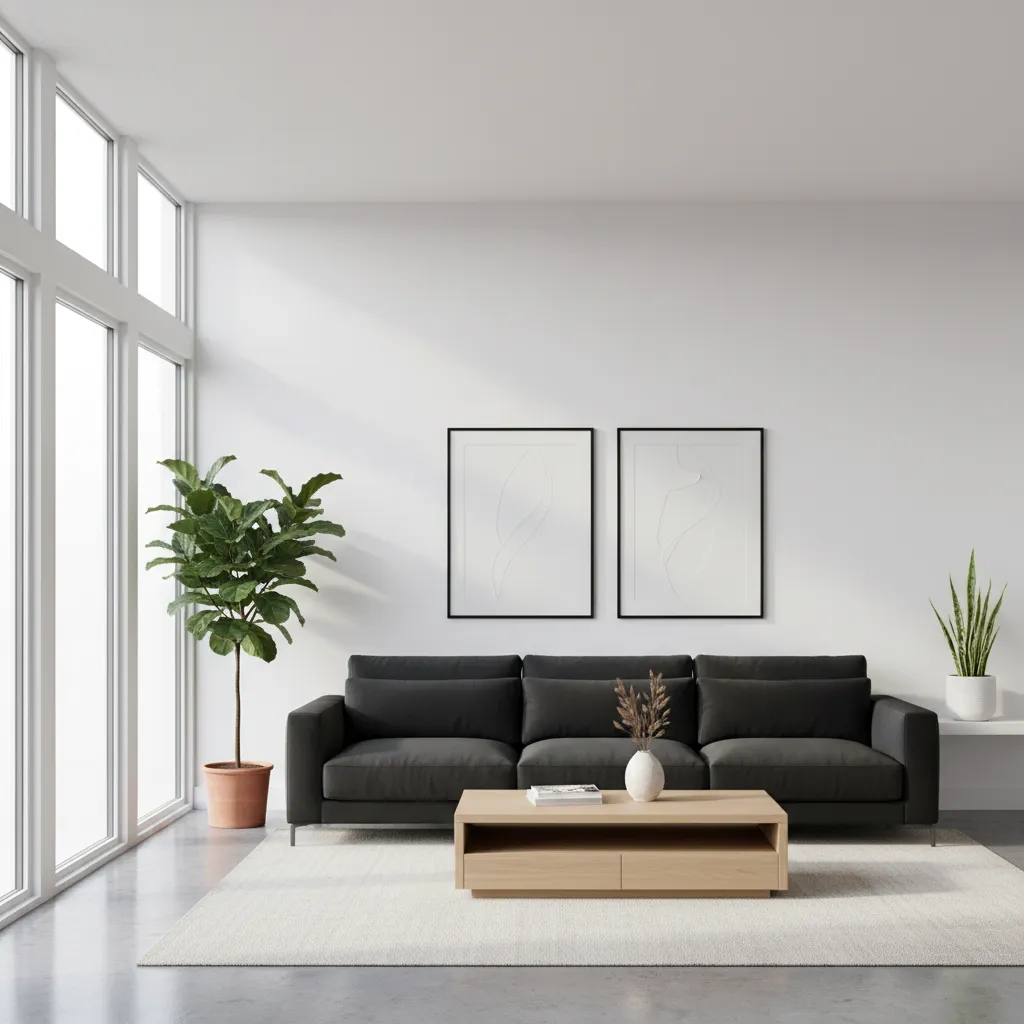 modern living room with black couch and bright walls