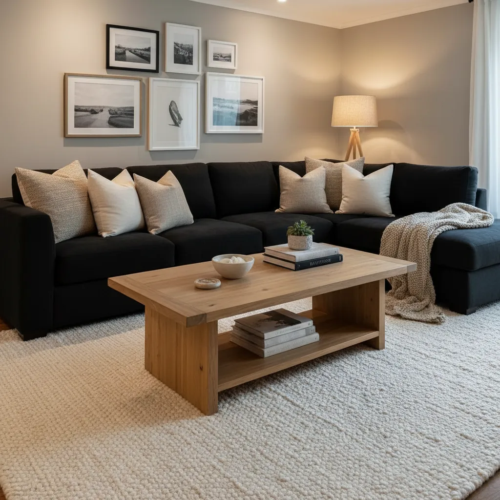 Black couch styled with light pillows and textured rug