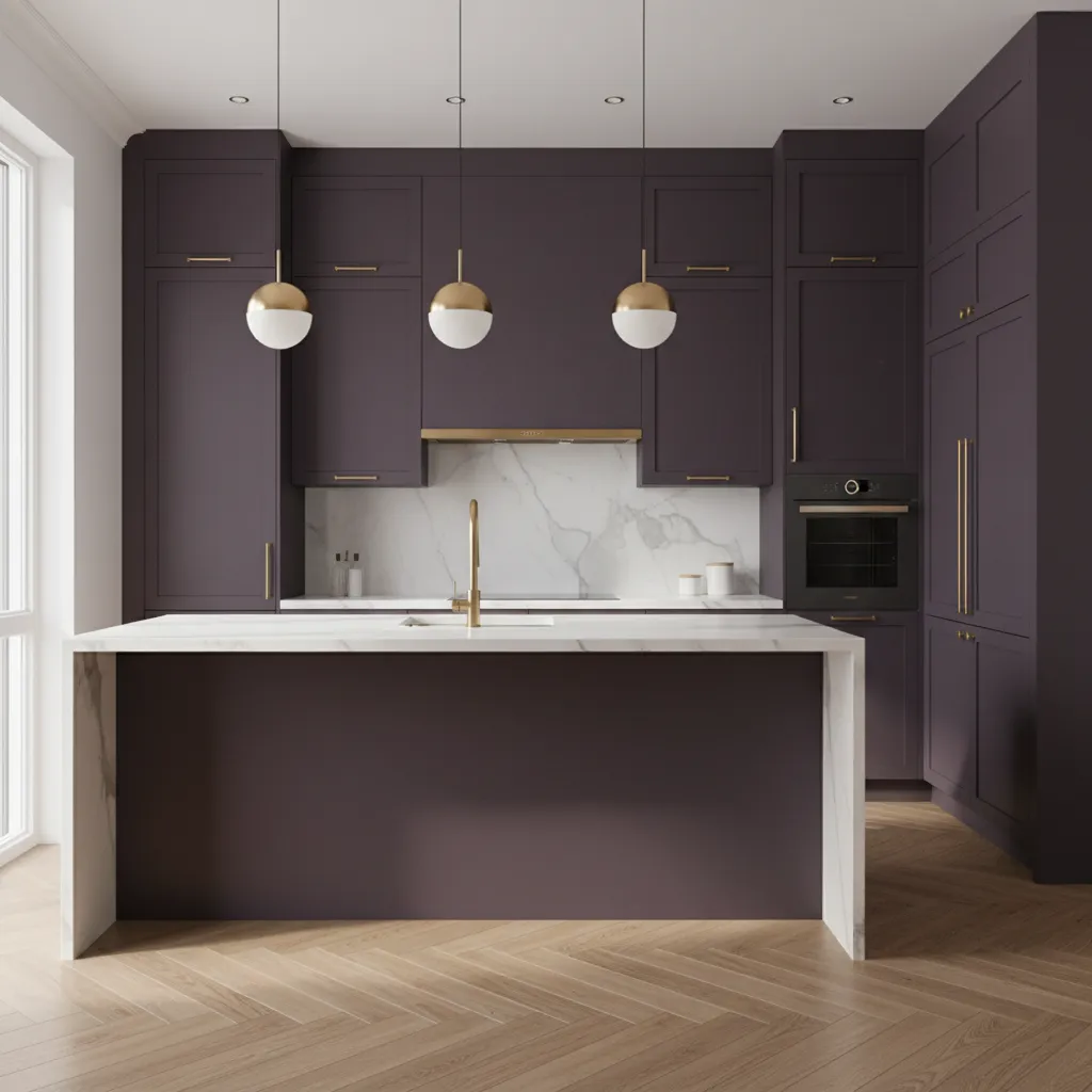 kitchen with black currant cabinets and marble backsplash