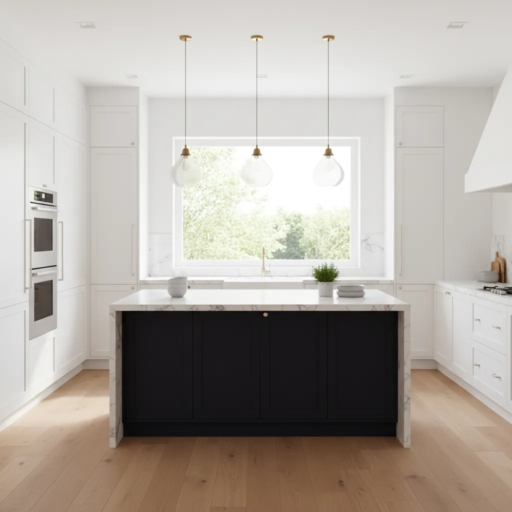 kitchen island painted in black currant with light cabinets around