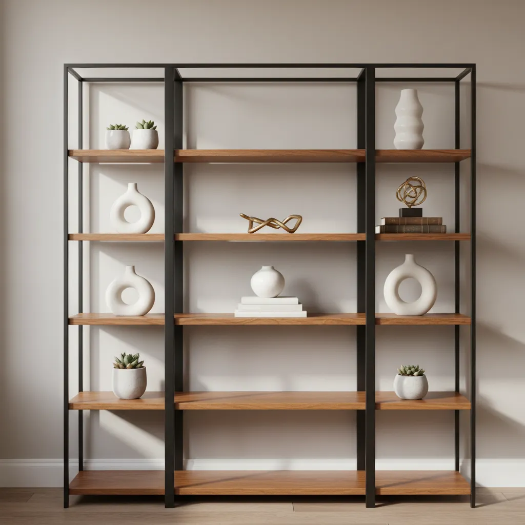 Minimalist black metal bookshelf with wooden shelves decorated with white vases, small plants, and books
