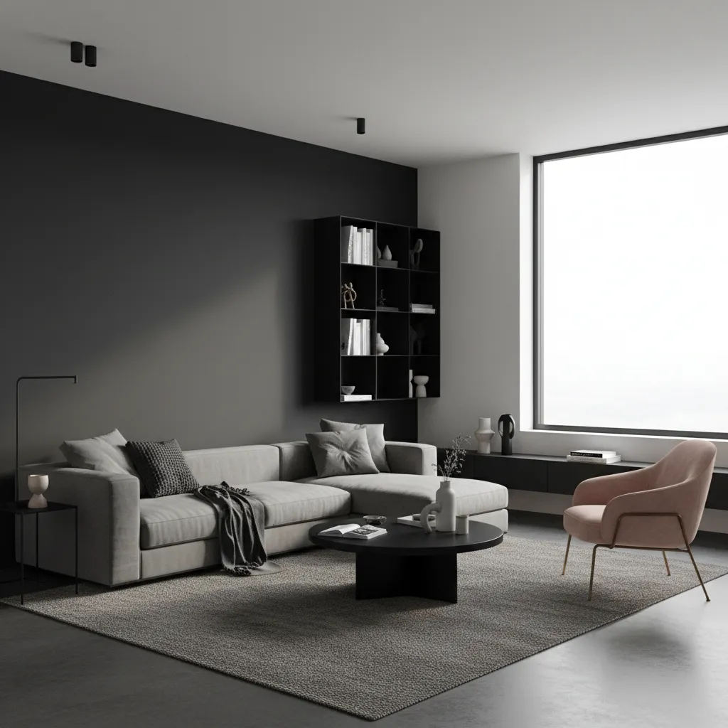 Modern living room with dark grey wall, grey sofa, pink chair, black table, and bookshelf