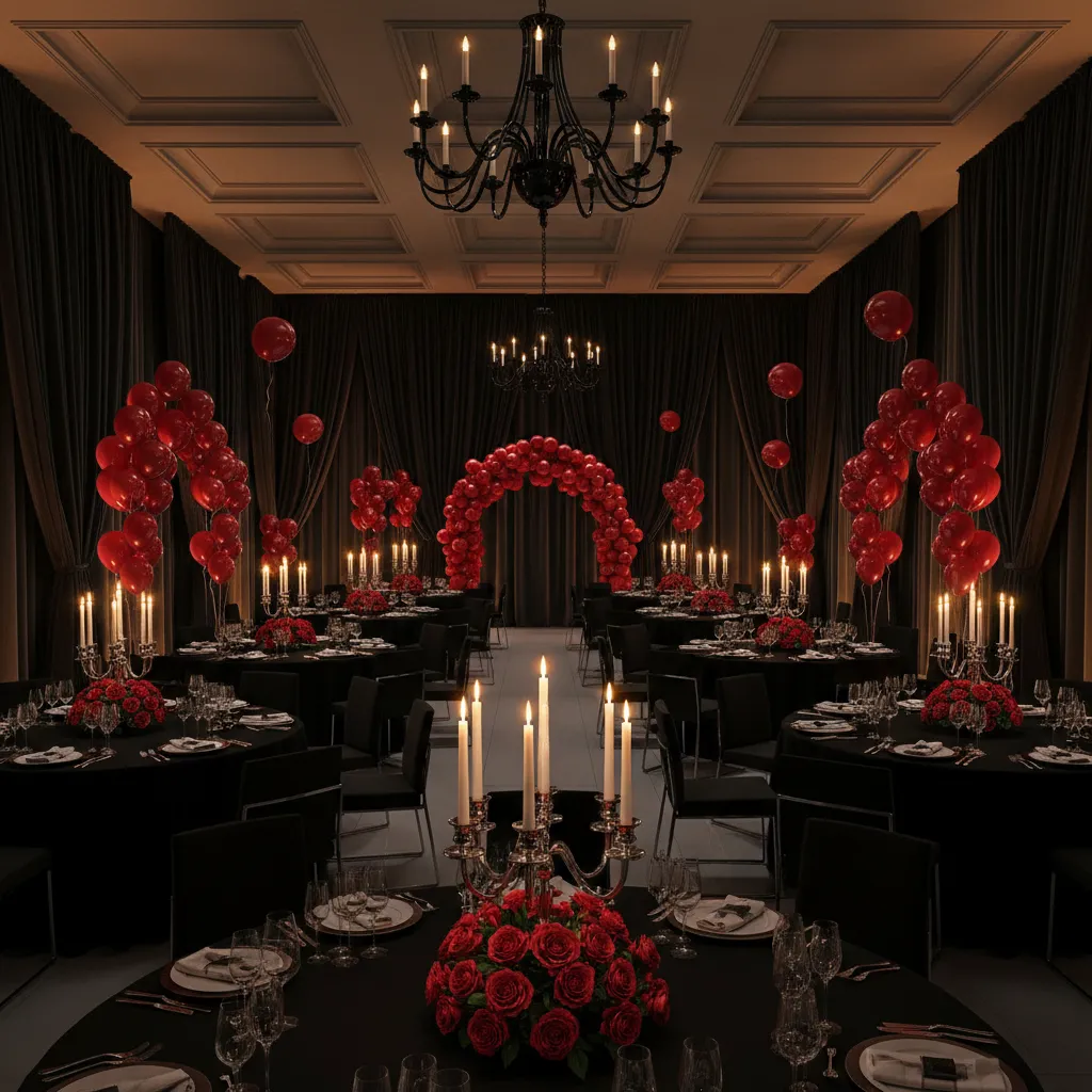 black dominant party decor with red accents and elegant lighting