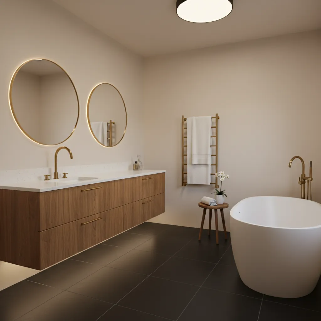 bathroom with black floor warm wood vanity and brass fixtures