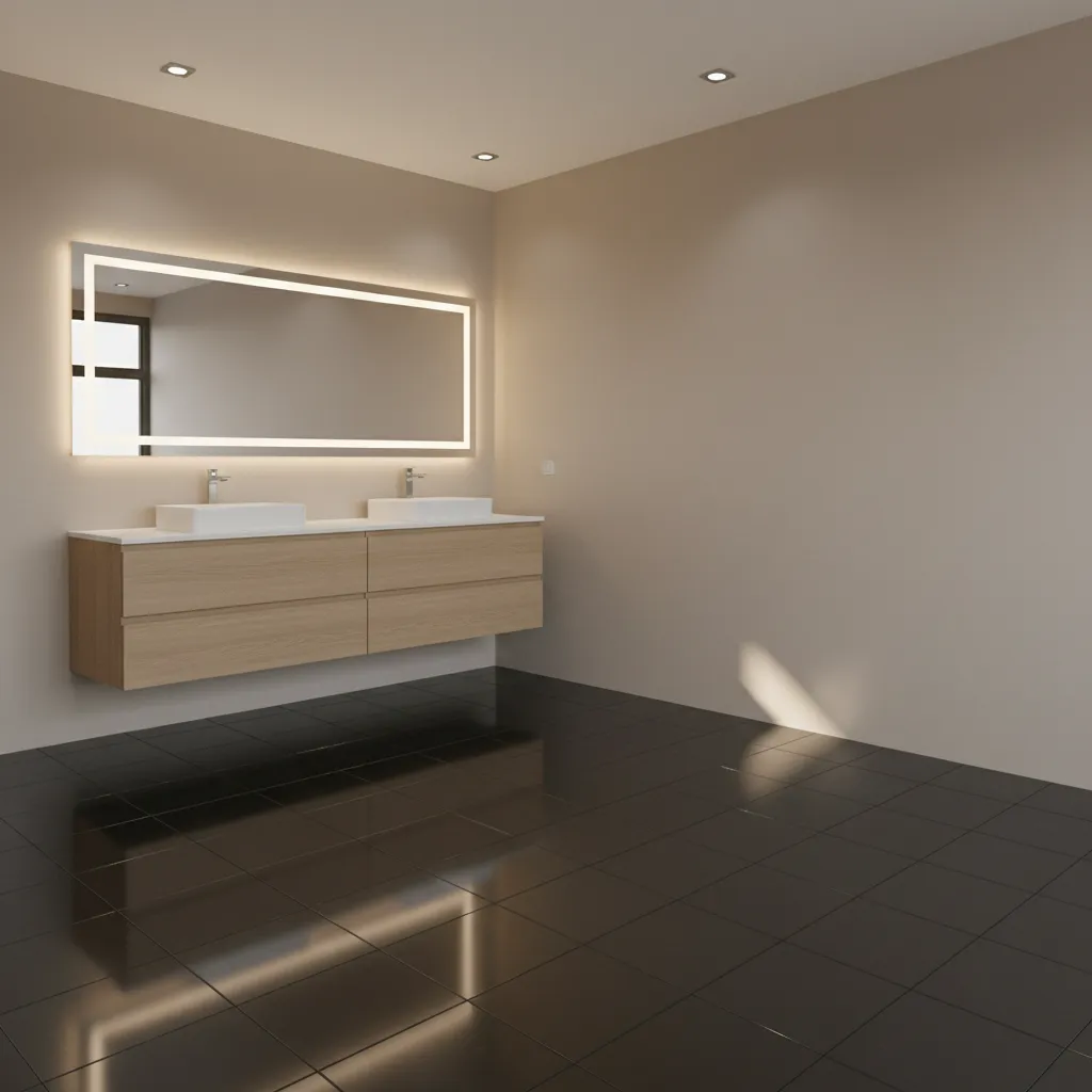 Bathroom with black floor tiles and layered lighting from ceiling and mirror
