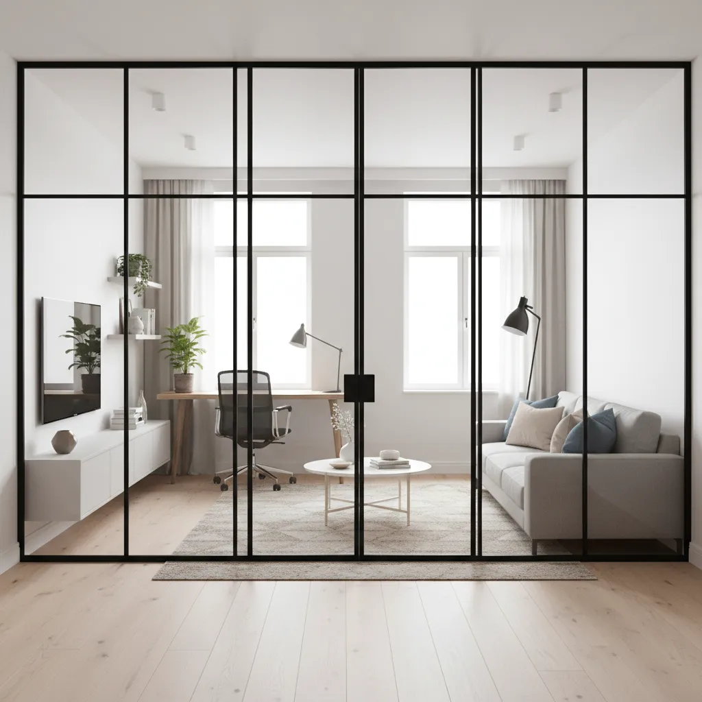 black aluminium framed glass partition dividing modern living room