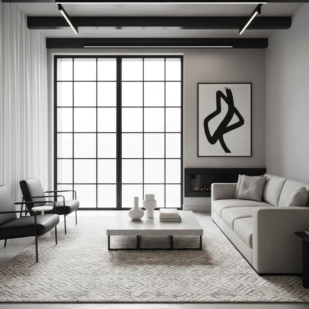Contemporary living room with black frame glass doors separating spaces