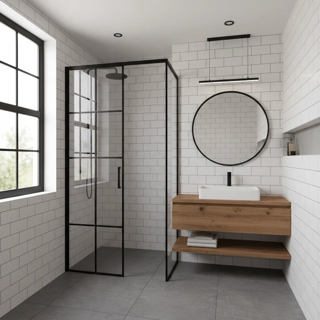 modern black frame glass shower partition in small bathroom