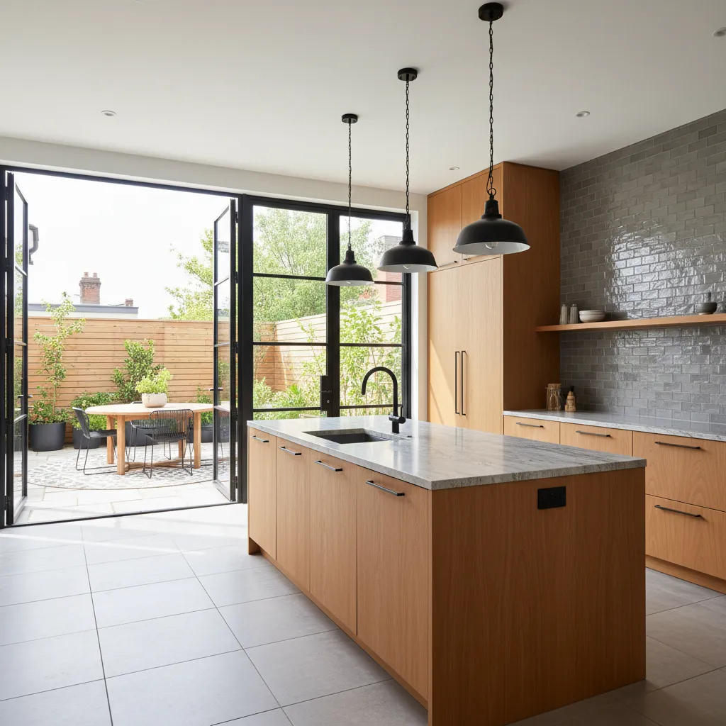 Modern kitchen with black steel frame French doors opening to patio