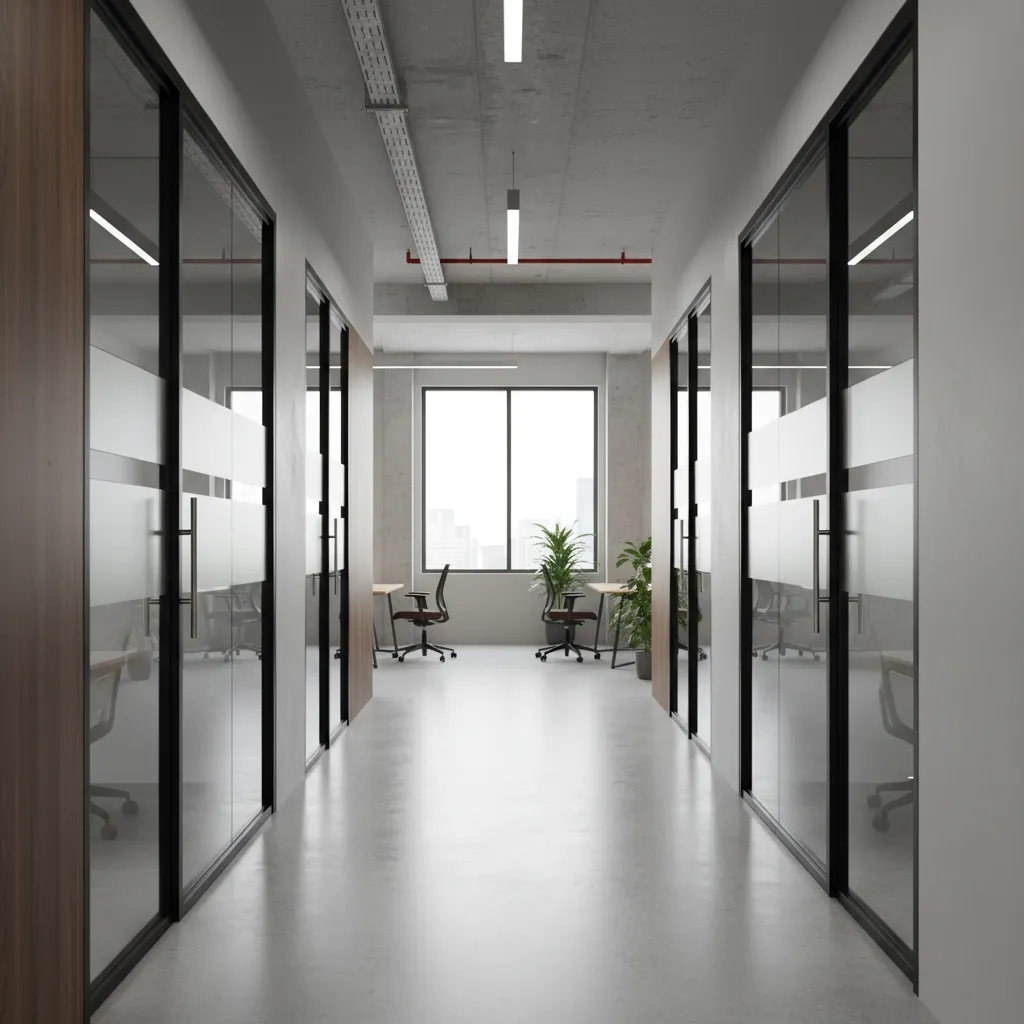 Black framed office storefront doors with frosted privacy bands
