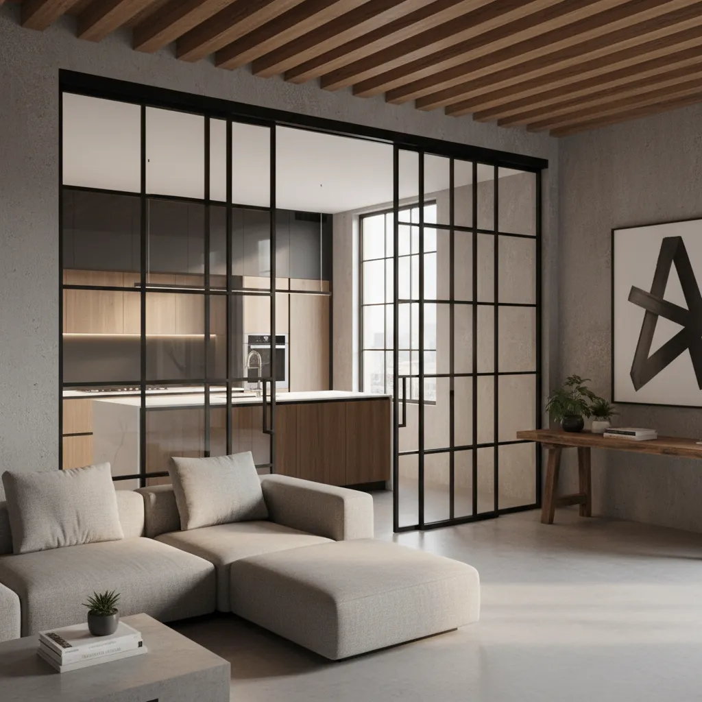 Black steel frame sliding glass door dividing kitchen and living space