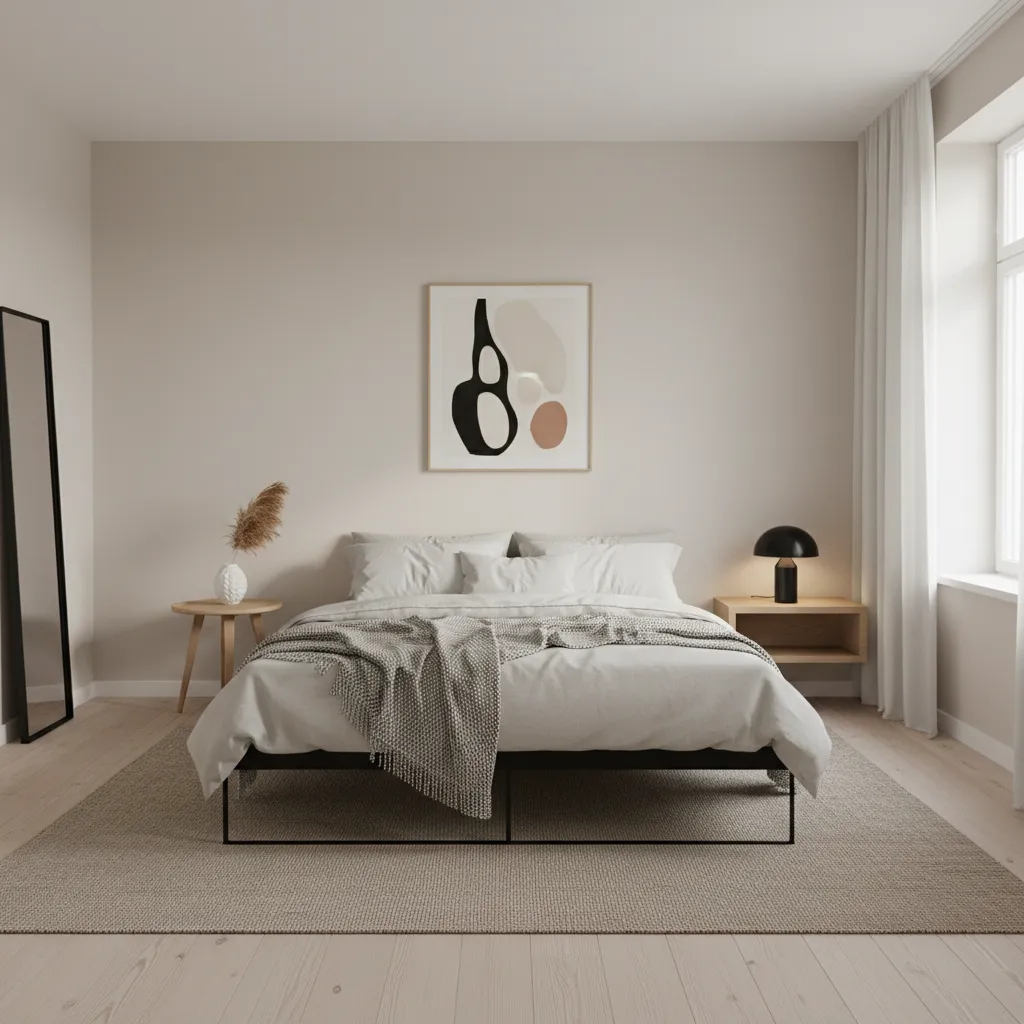 bedroom with black bed and light neutral wall color palette