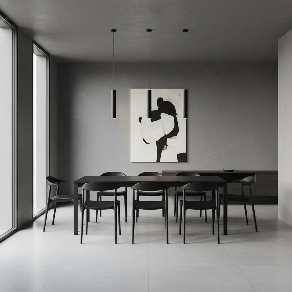 Minimalist grey dining room with black table chairs three ceiling lights abstract art and cabinet