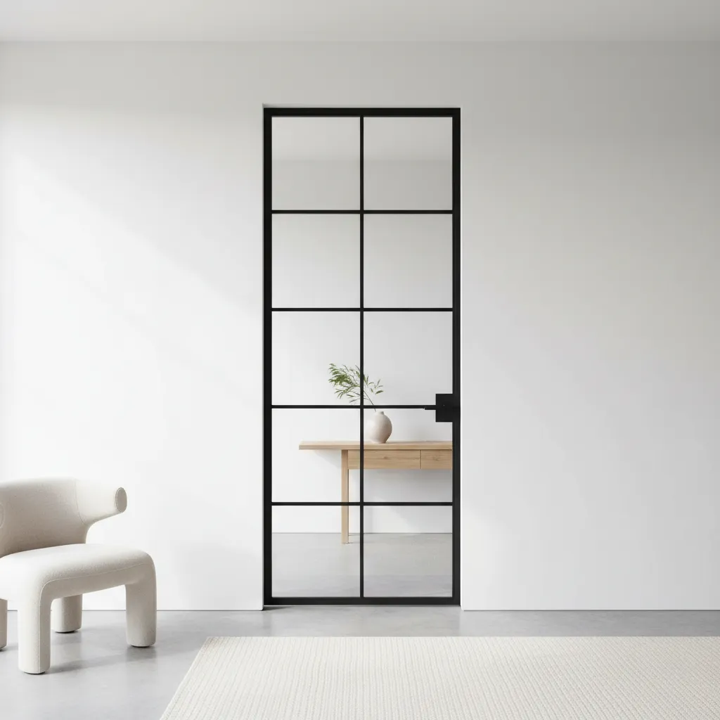 Puerta negra con panel de vidrio en interior moderno