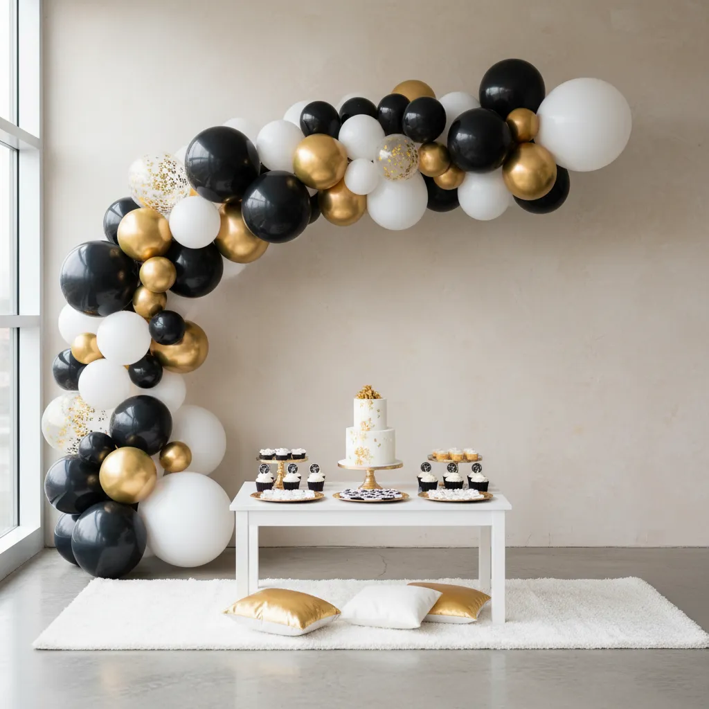 Black gold and white balloon arch for Baby Boss themed birthday party