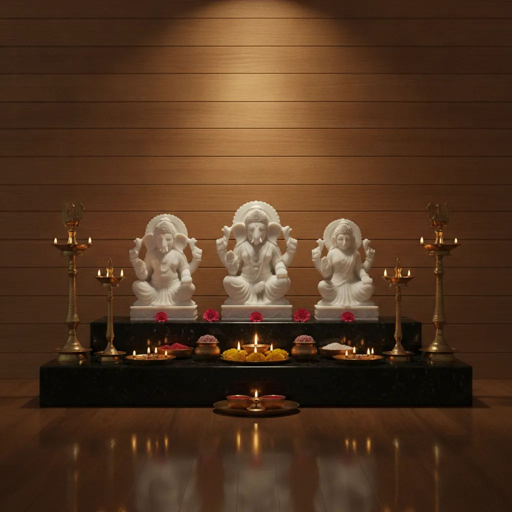 Black granite pooja altar contrasting with white marble idols