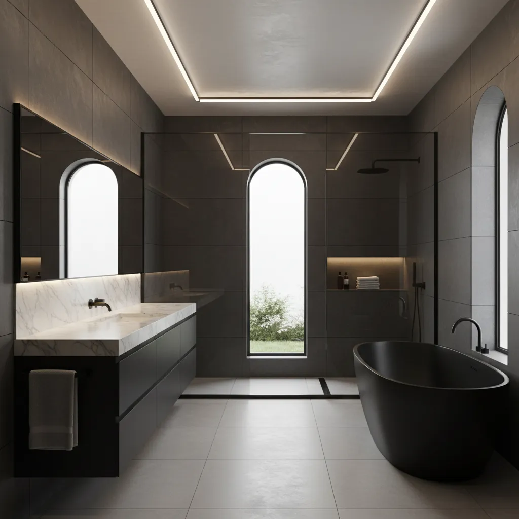 modern black and gray luxury bathroom with matte black fixtures and marble surfaces