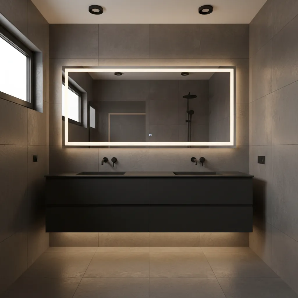black and grey bathroom showing layered lighting around mirror and vanity