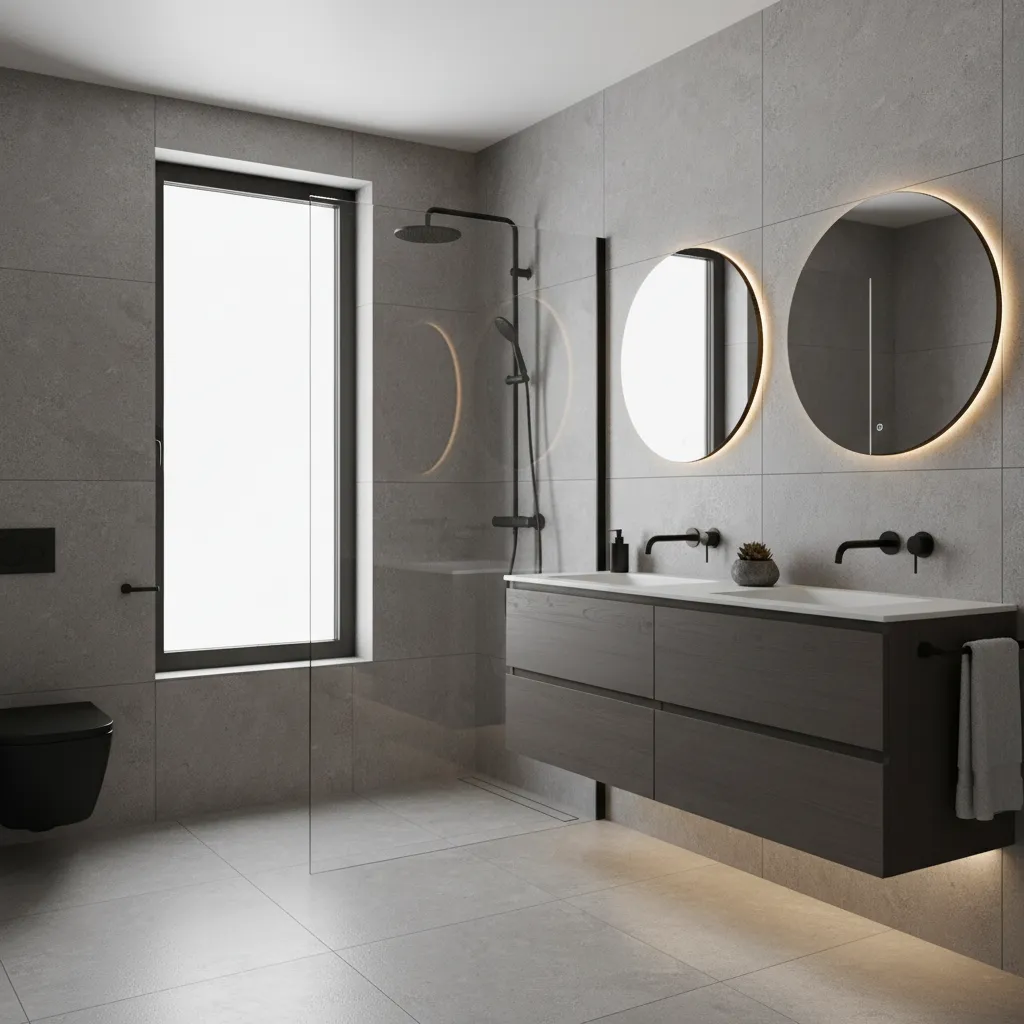 modern bathroom with black fixtures grey tiles and glass shower