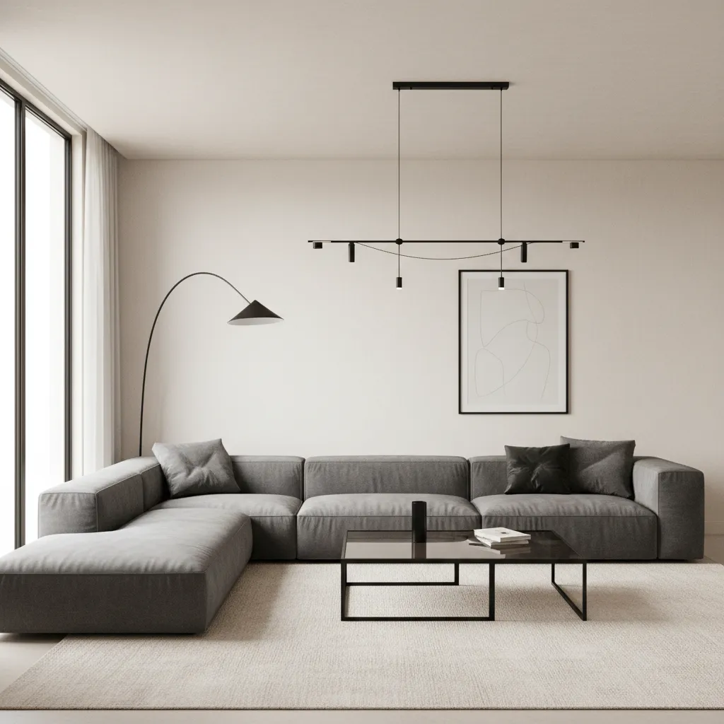 Living room illustrating 60-30-10 color balance with grey sofa cream walls and black accents