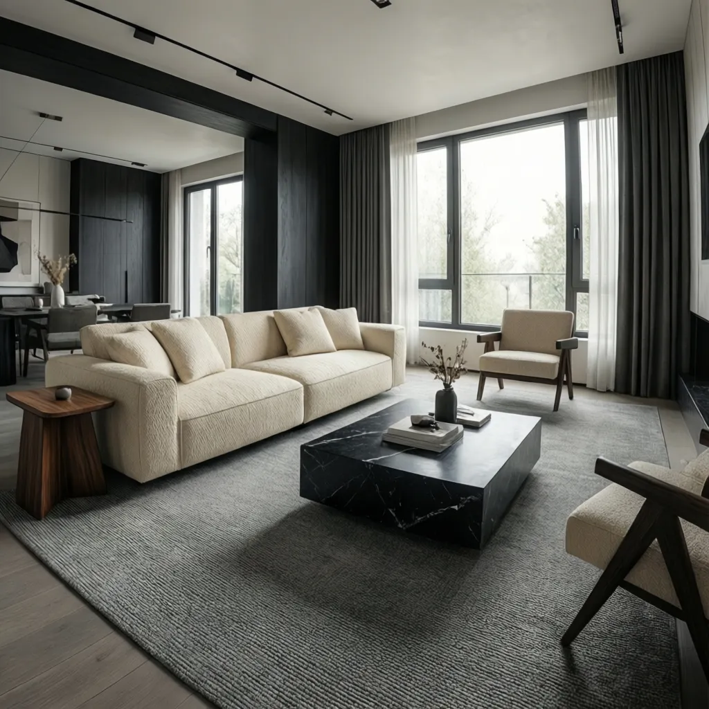 Best Furniture and Materials for a Black Grey Cream Living Room