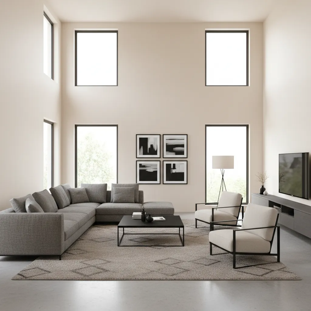 balanced black grey cream living room layout with sectional sofa and neutral decor