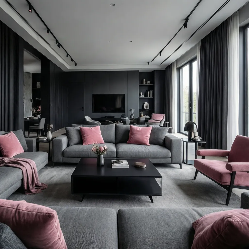 Modern living room with dark walls grey sofa pink pillows black coffee table and chairs
