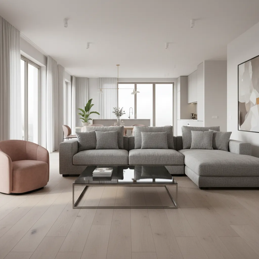 Large grey sofa with black coffee table pink chair wood floor and open kitchen area