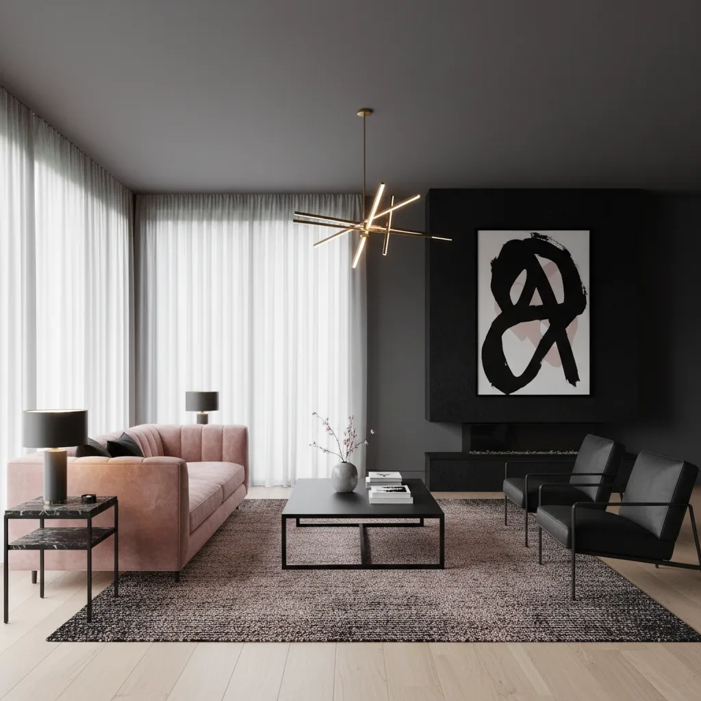 Dark living room with pink sofa, black chairs, gold ceiling light, abstract art, and fireplace