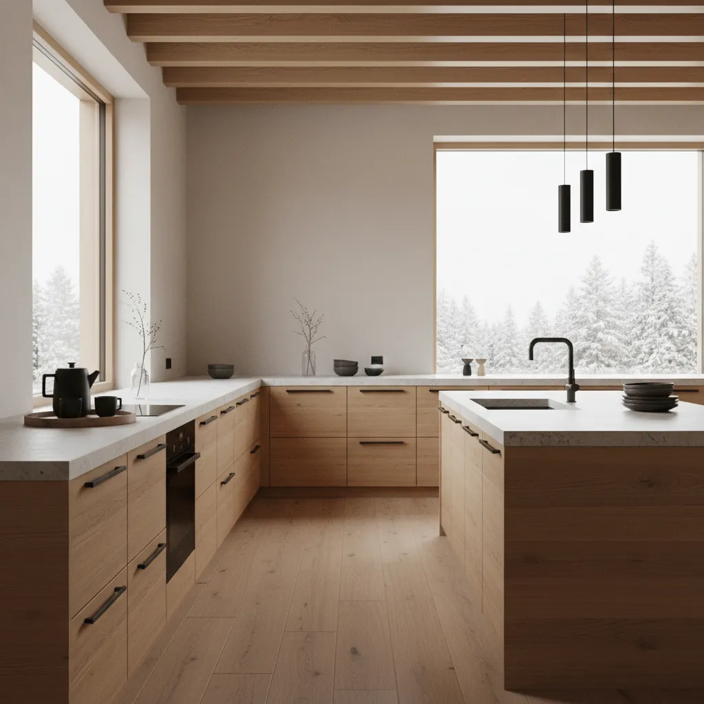 natural oak kitchen cabinets with matte black handles
