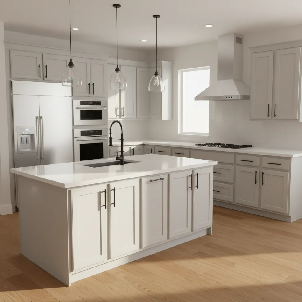 Light gray kitchen cabinets with matte black cabinet handles and stainless appliances