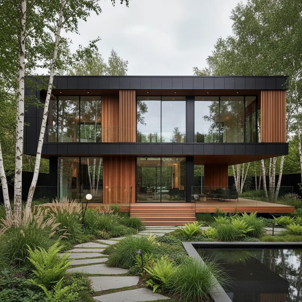 Casa moderna negra combinada con madera