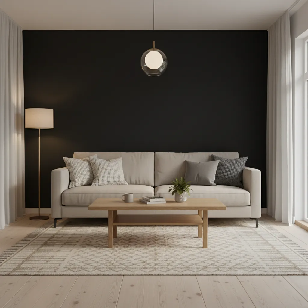 Modern living room with black wall, beige sofa, wooden table, patterned rug, and ceiling light