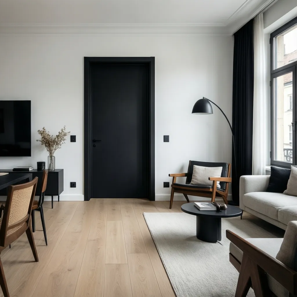 Puerta negra interior en salón moderno con paredes blancas